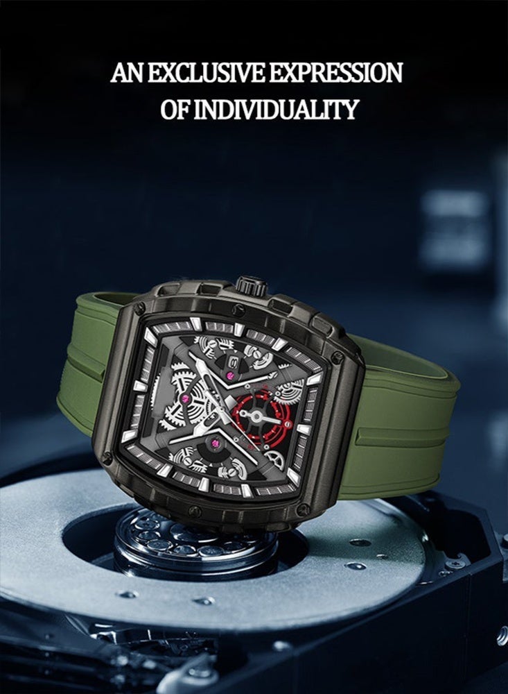 WLISTH Men's Sporty Tonneau Watch - Skeleton Dial Mechanical Style Wristwatch with Black Case & Green Silicone Strap, Cool Rugged Waterproof Fashion Watch for Men - Image 2