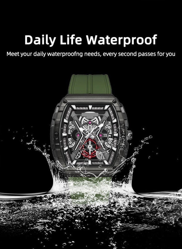 WLISTH Men's Sporty Tonneau Watch - Skeleton Dial Mechanical Style Wristwatch with Black Case & Green Silicone Strap, Cool Rugged Waterproof Fashion Watch for Men - Image 5