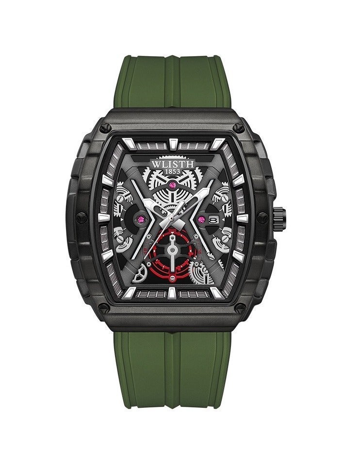 WLISTH Men's Sporty Tonneau Watch - Skeleton Dial Mechanical Style Wristwatch with Black Case & Green Silicone Strap, Cool Rugged Waterproof Fashion Watch for Men - Image 1