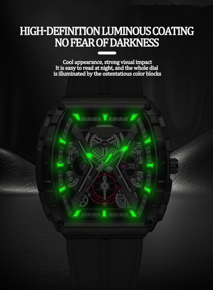WLISTH Men's Sporty Tonneau Watch - Skeleton Dial Mechanical Style Wristwatch with Black Case & Green Silicone Strap, Cool Rugged Waterproof Fashion Watch for Men - Image 4