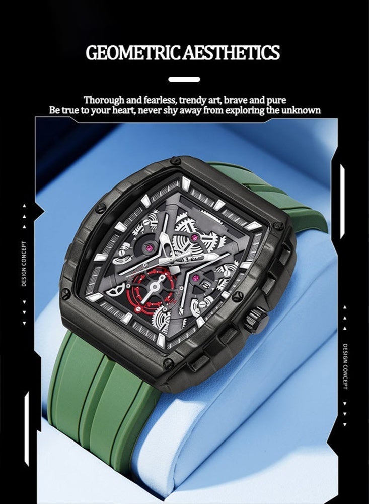 WLISTH Men's Sporty Tonneau Watch - Skeleton Dial Mechanical Style Wristwatch with Black Case & Green Silicone Strap, Cool Rugged Waterproof Fashion Watch for Men - Image 3