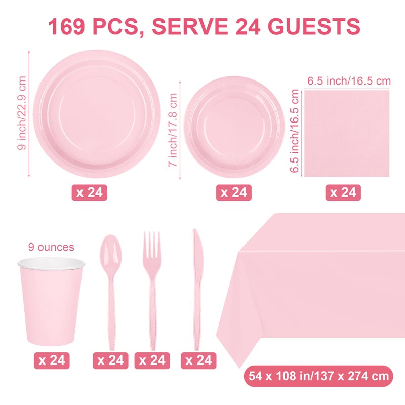 Kochorie 169 Pieces Light Pink Party Supplies Disposable Dinnerware Set Include Plates and Cups Napkins Plastic Forks Knives Spoons Tablecloth for Wedding Birthday Party Decorations  Serve 24 Guests - Image 2
