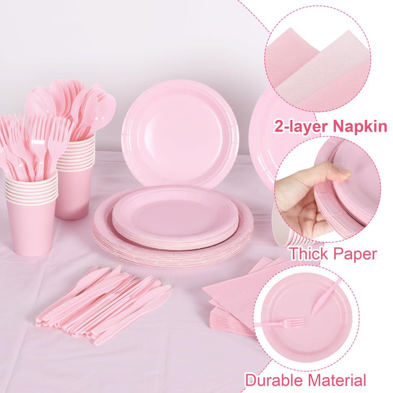 Kochorie 169 Pieces Light Pink Party Supplies Disposable Dinnerware Set Include Plates and Cups Napkins Plastic Forks Knives Spoons Tablecloth for Wedding Birthday Party Decorations  Serve 24 Guests - Image 3