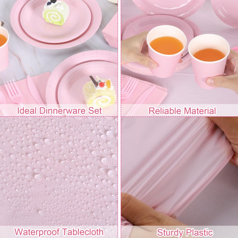 Kochorie 169 Pieces Light Pink Party Supplies Disposable Dinnerware Set Include Plates and Cups Napkins Plastic Forks Knives Spoons Tablecloth for Wedding Birthday Party Decorations  Serve 24 Guests - Image 4