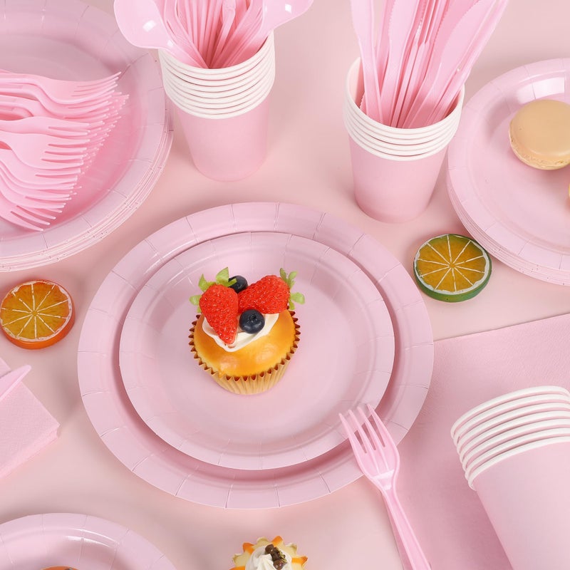 Kochorie 169 Pieces Light Pink Party Supplies Disposable Dinnerware Set Include Plates and Cups Napkins Plastic Forks Knives Spoons Tablecloth for Wedding Birthday Party Decorations  Serve 24 Guests - Image 5