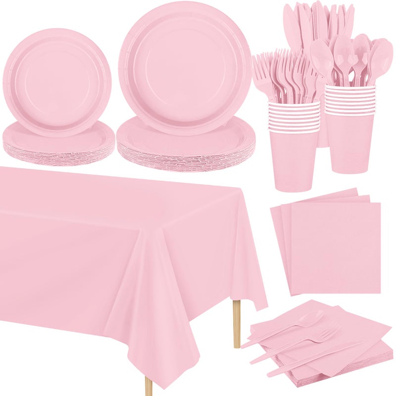 Kochorie 169 Pieces Light Pink Party Supplies Disposable Dinnerware Set Include Plates and Cups Napkins Plastic Forks Knives Spoons Tablecloth for Wedding Birthday Party Decorations  Serve 24 Guests - Image 1