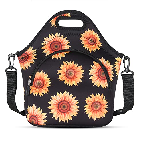 Violet Mist Neoprene Floral Lunch Bag, Sunflower, 12.6"L x 11.8"H x 6.3"W, Adjustable Shoulder Strap, Waterproof, Eco-Friendly - Image 1