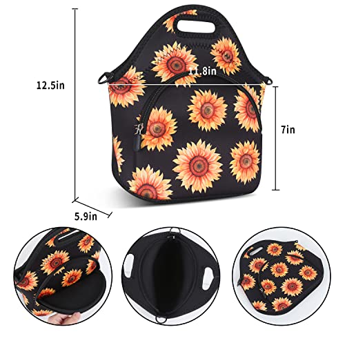 Violet Mist Neoprene Floral Lunch Bag, Sunflower, 12.6"L x 11.8"H x 6.3"W, Adjustable Shoulder Strap, Waterproof, Eco-Friendly - Image 3