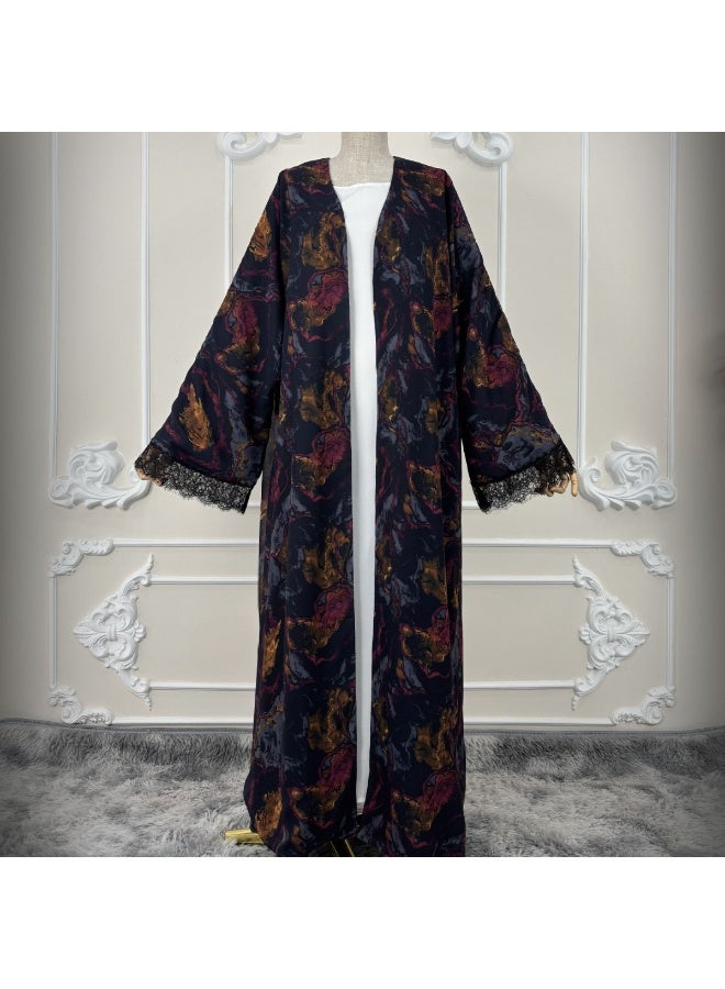 Women Vintage Oil Painting Print Open Abaya Set, Wide Sleeve Lace Trim Maxi Outerwear With Matching Hijab - Image 4