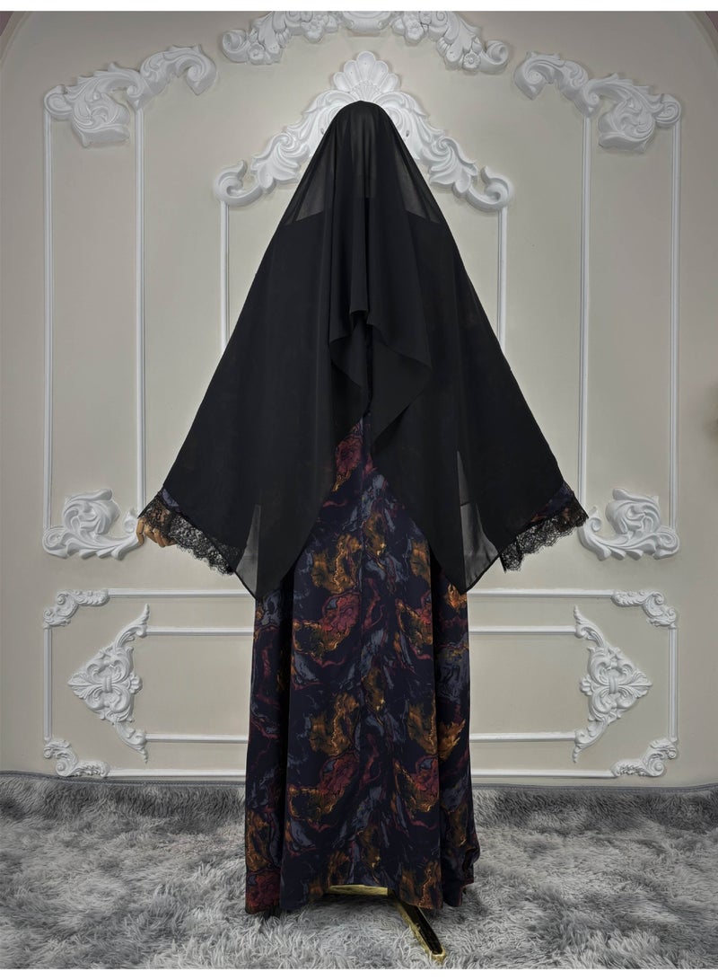 Women Vintage Oil Painting Print Open Abaya Set, Wide Sleeve Lace Trim Maxi Outerwear With Matching Hijab - Image 5
