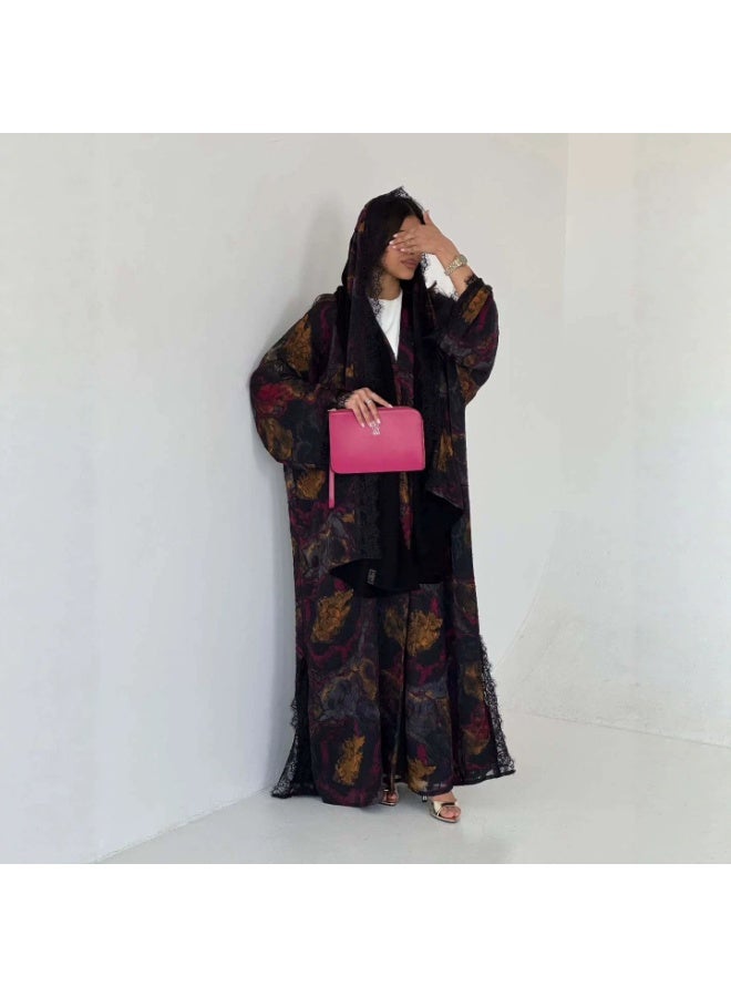Women Vintage Oil Painting Print Open Abaya Set, Wide Sleeve Lace Trim Maxi Outerwear With Matching Hijab - Image 1