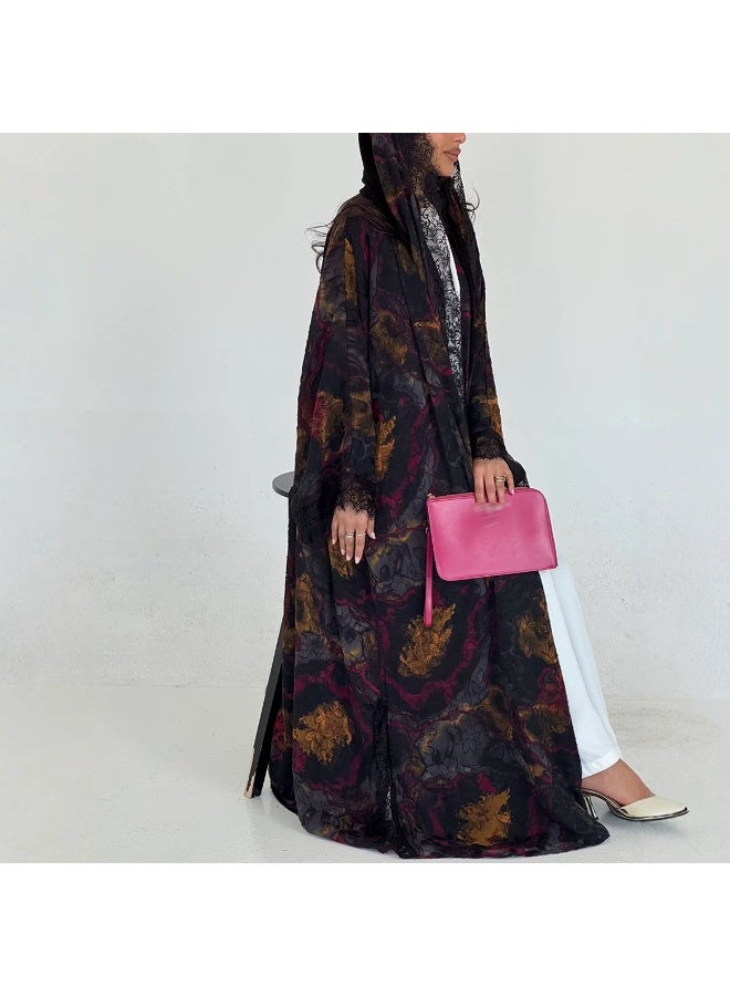 Women Vintage Oil Painting Print Open Abaya Set, Wide Sleeve Lace Trim Maxi Outerwear With Matching Hijab - Image 3