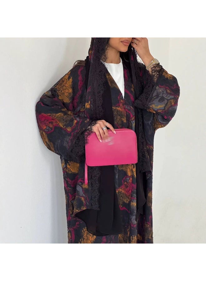 Women Vintage Oil Painting Print Open Abaya Set, Wide Sleeve Lace Trim Maxi Outerwear With Matching Hijab - Image 2
