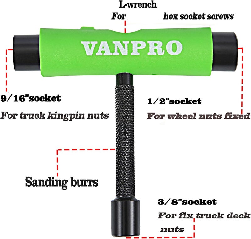 Vanpro skateboard tools skate tool all in oneUsed for installation and maintenance of various skateboards and roller skates，etc.(Snow Upgrade-Green Pack of 1) - Image 2