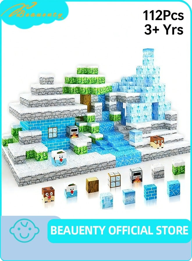 Beauenty Magnetic Blocks-Build Mine Magnet World Edition,Build a Ice and Snow World，STEM Montessori Sensory Toys for Toddlers Gifts for 3 4 5 6 7 8 9 10 Years Old，112PCS Fidget 1" Cubes Construction Toys Boys Girls Birthday Gift - Image 1