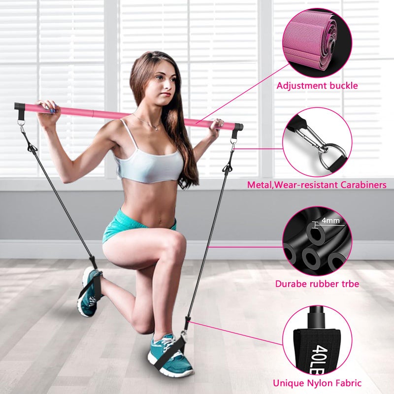 Bbtops Pilates Bar Kit with Resistance Bands(4 x Bands),3-Section Pilates Bar with Stackable Bands Workout Equipment for Legs,Hip,Waist and Arm (Pink30lbs,40lbs) - Image 2