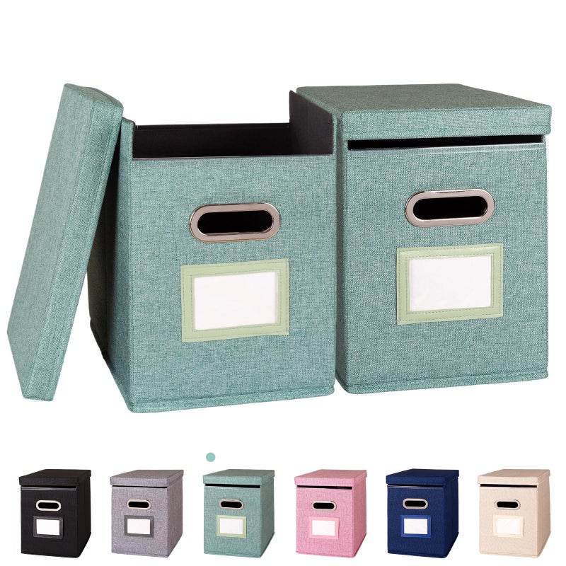 ComfortKeeper 2 Pack Hanging File Folders Organizer with Lid, Letter Size Fabric File Storage Box Collapsible, Portable Office Document Holder with Metal Handle, Smooth PVC Rails, Green - Image 1