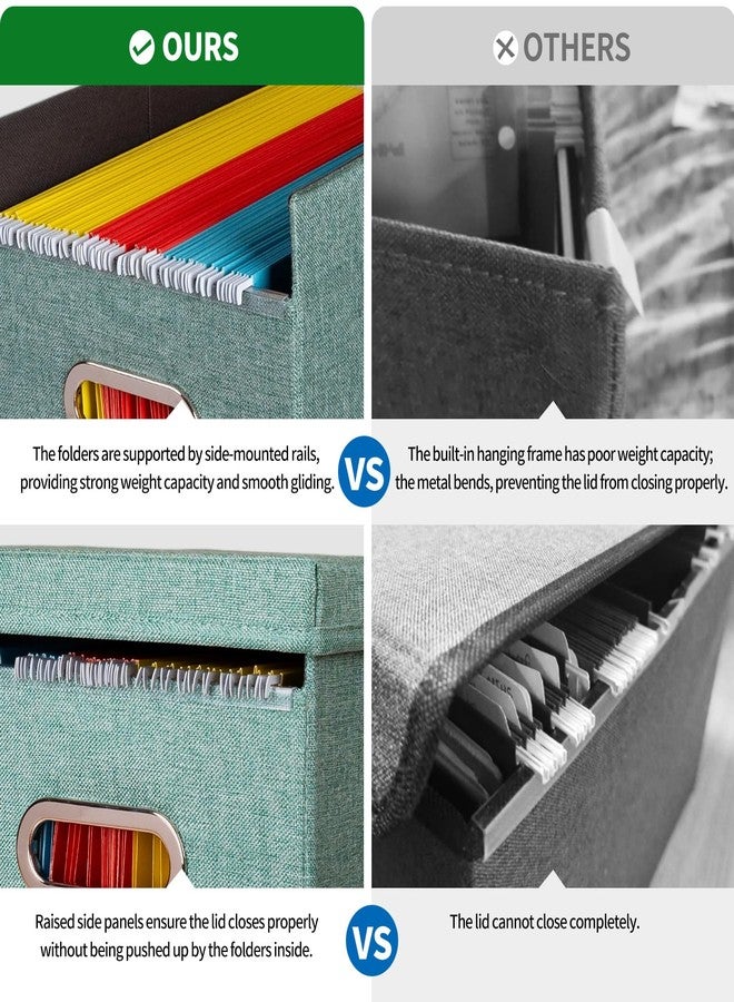 ComfortKeeper 2 Pack Hanging File Folders Organizer with Lid, Letter Size Fabric File Storage Box Collapsible, Portable Office Document Holder with Metal Handle, Smooth PVC Rails, Green - Image 3