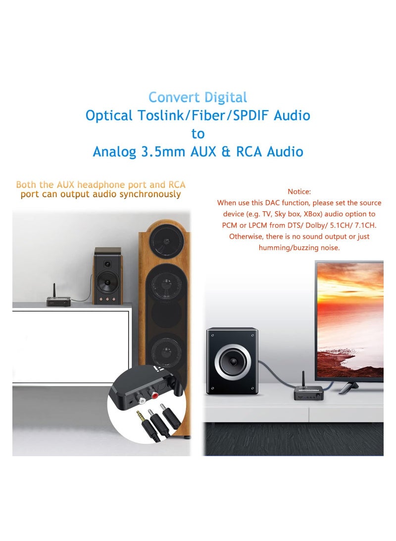 محول الصوت الرقمي إلى التناظري 192kHz، محول DAC بصري Toslink SPDIF إلى L/R RCA AUX موصل 3.5mm، جهاز استقبال بلوتوث، مشغل USB MP3، حجم قابل للتعديل، لتلفاز PS3 PS4 Xbox DVD نظام صوت منزلي - Image 2