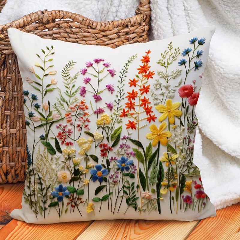 Leaveland Wildflower Faux Embroidery Print 18x18 Inch Throw Pillow Cover Boho Embroidered Floral Decorative Soft Cushion Case Spring Summer Fall Christmas Home Decor Gift Sofa Luxury Flower Pillowcase - Image 3