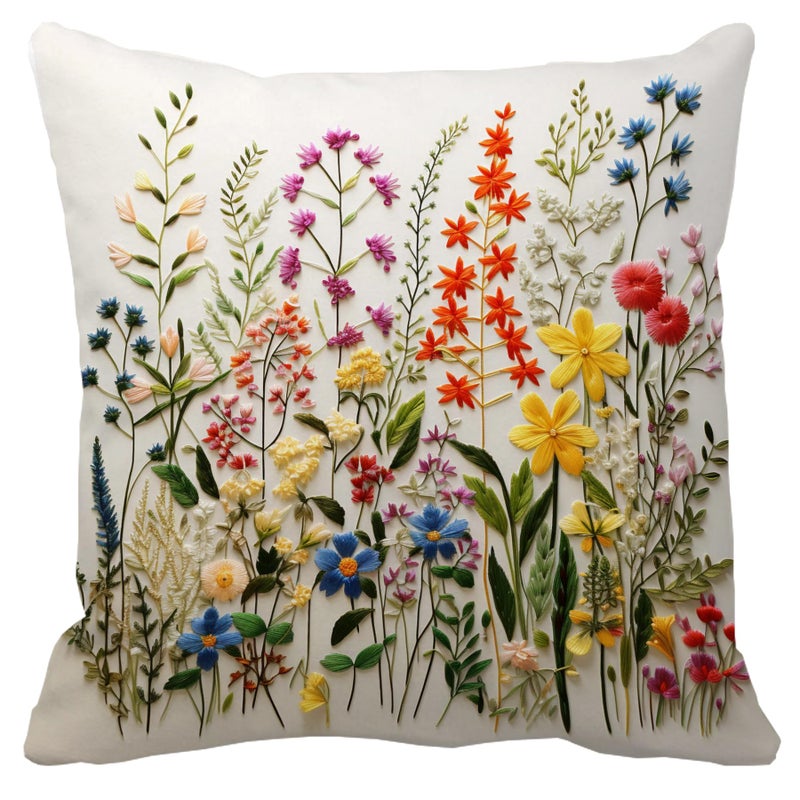 Leaveland Wildflower Faux Embroidery Print 18x18 Inch Throw Pillow Cover Boho Embroidered Floral Decorative Soft Cushion Case Spring Summer Fall Christmas Home Decor Gift Sofa Luxury Flower Pillowcase - Image 1