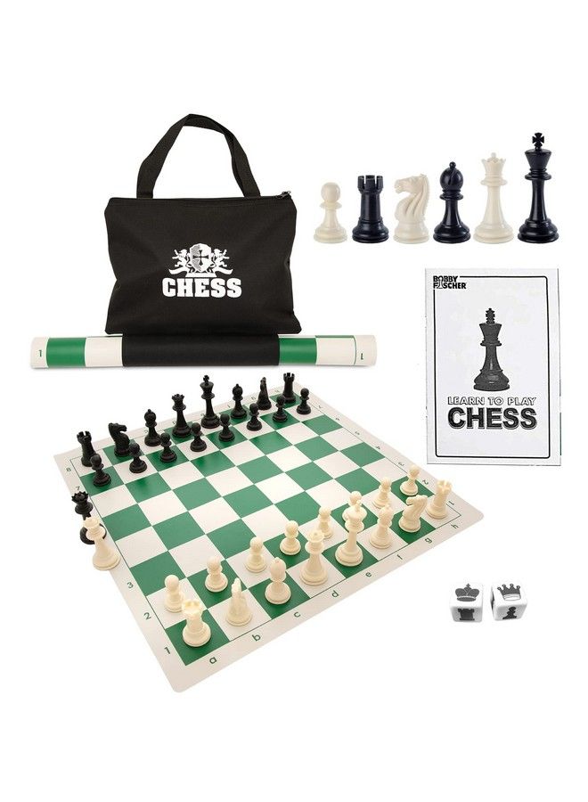 WE Games Best Value Tournament Chess Set W/ A Green Roll Up Vinyl Board Plastic Pieces & Bag - Image 1