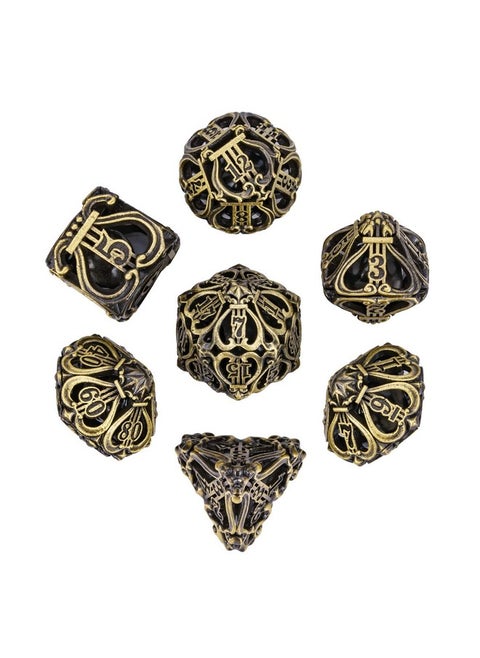 Cusdie 7-Die Metal Dice Set - Hollow Design with Bells - Crisp Sounding Gaming Dice in Tin Box - Perfect for Tabletop RPGs & Board Games(Ancient Bronze)