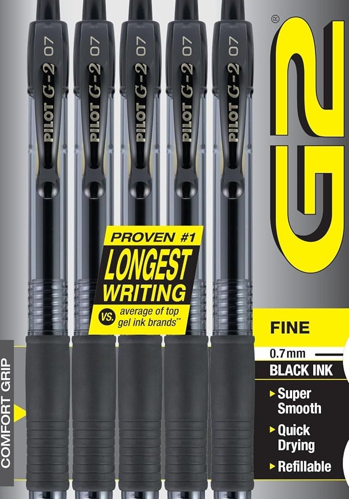 Pilot G2 Retractable Premium Gel Ink Roller Ball Pens, Fine Point, 5-Pack, Black Ink - Image 1