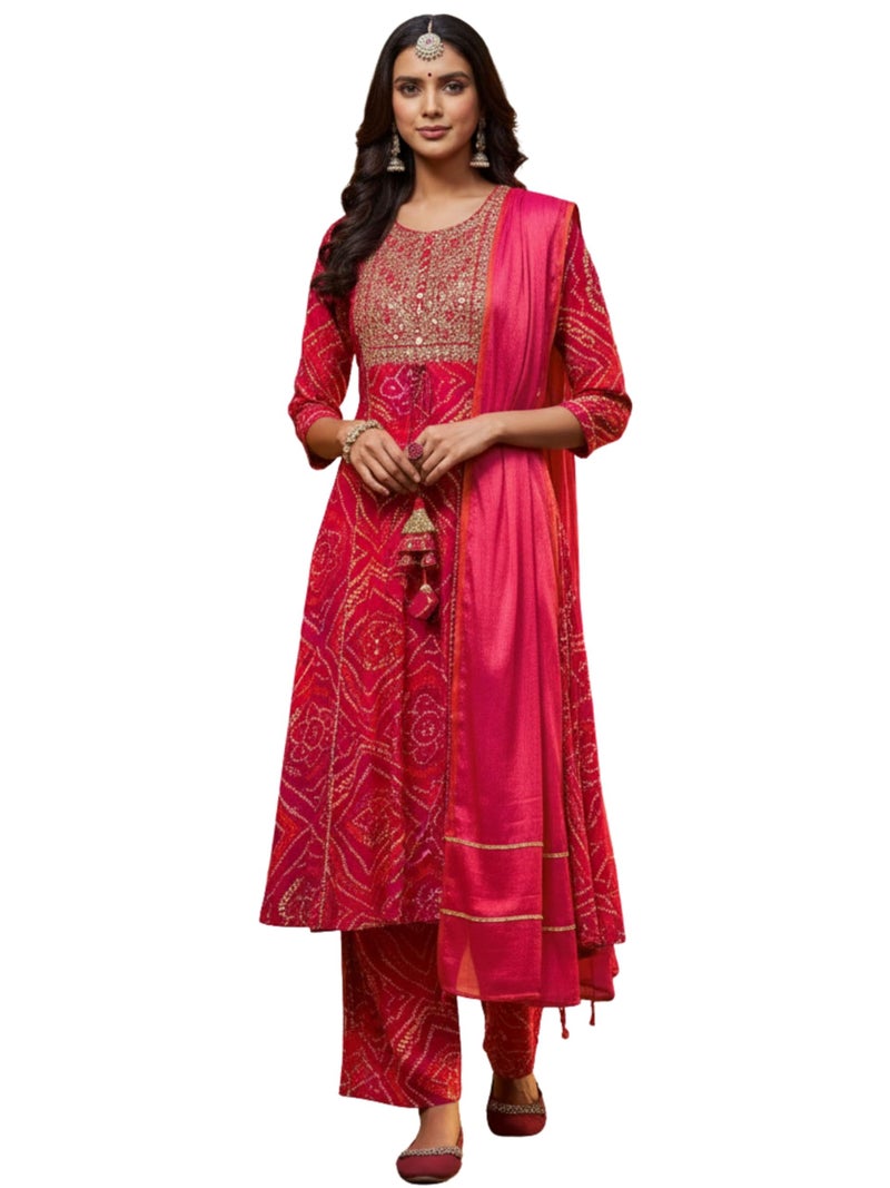 EthnicJunction Women's Pure Viscose Bandhani Print and Embroidered Work Kurta Palazzo and Dupatta Set - Image 1