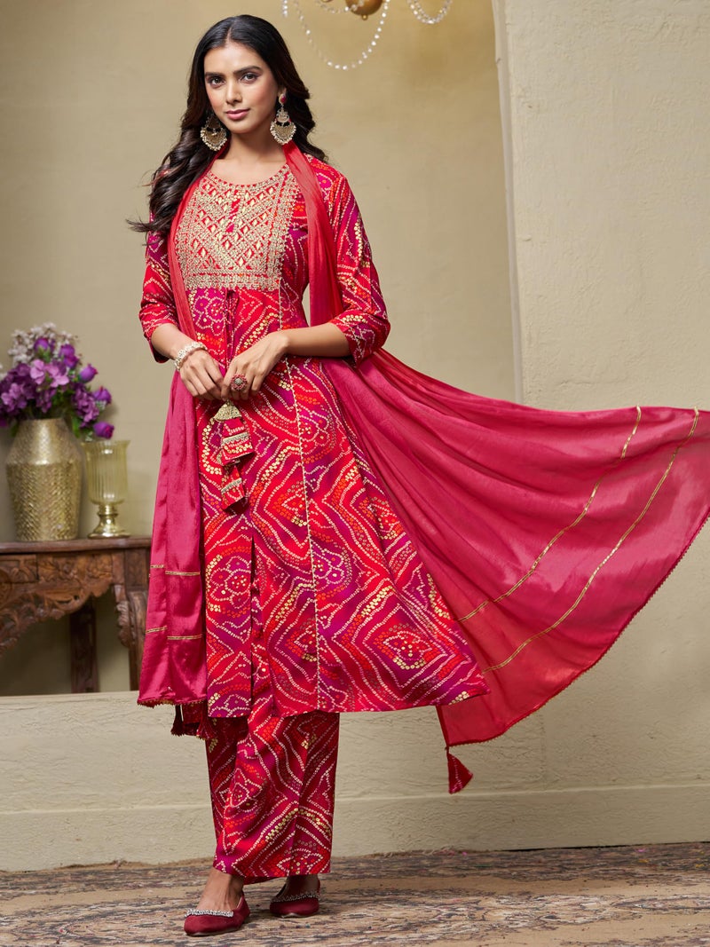 EthnicJunction Women's Pure Viscose Bandhani Print and Embroidered Work Kurta Palazzo and Dupatta Set - Image 3