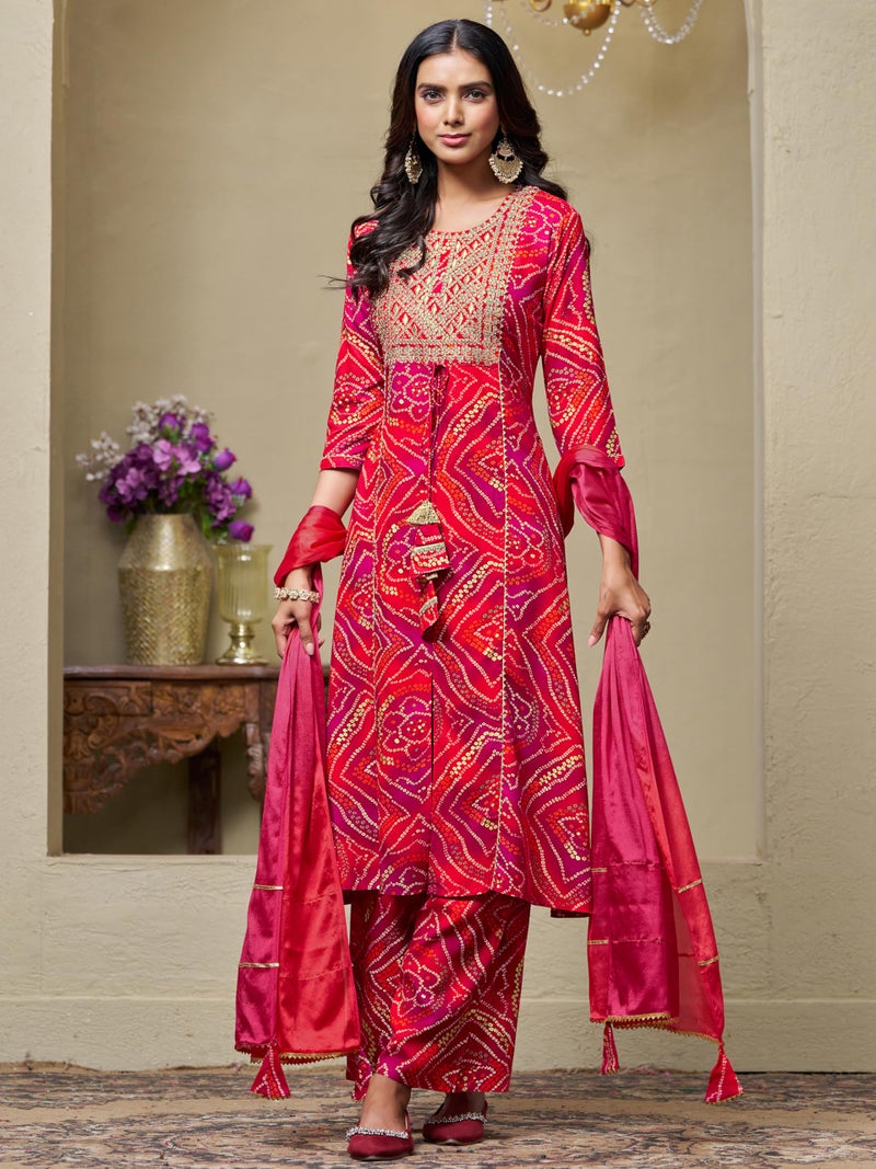 EthnicJunction Women's Pure Viscose Bandhani Print and Embroidered Work Kurta Palazzo and Dupatta Set - Image 5