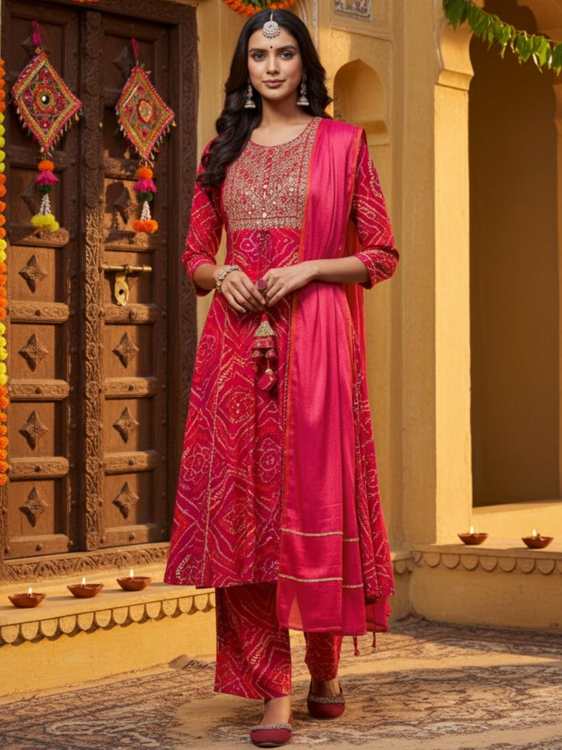 EthnicJunction Women's Pure Viscose Bandhani Print and Embroidered Work Kurta Palazzo and Dupatta Set - Image 2