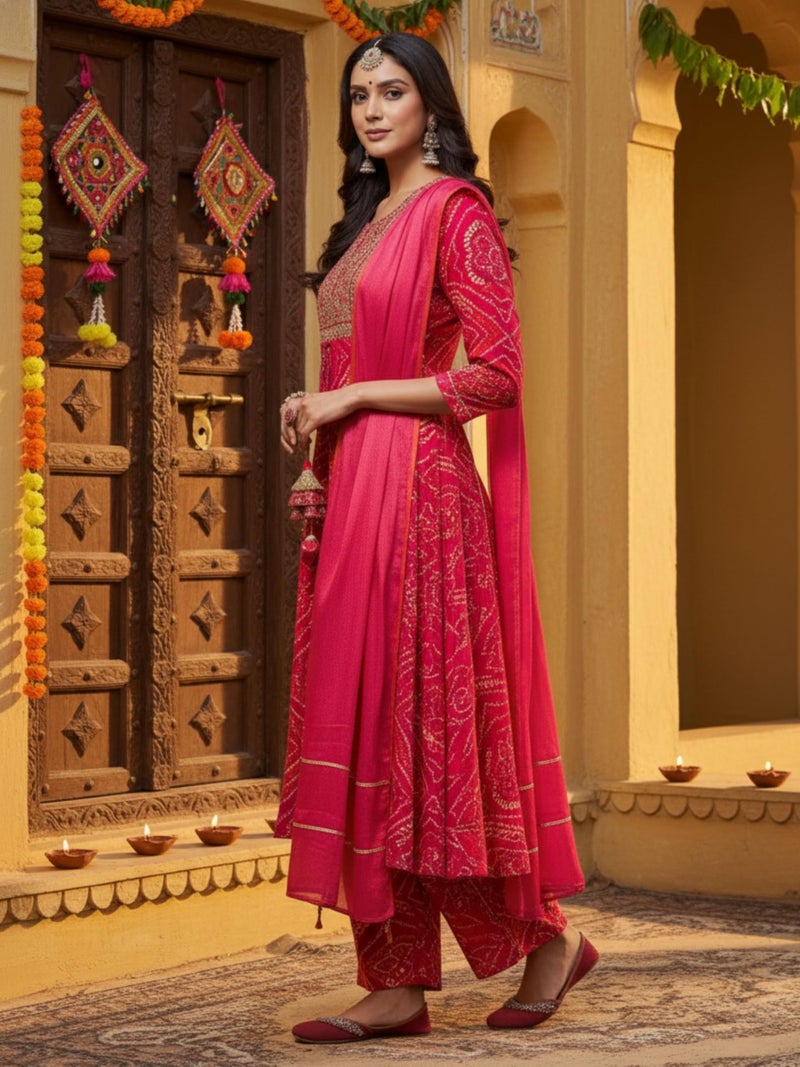 EthnicJunction Women's Pure Viscose Bandhani Print and Embroidered Work Kurta Palazzo and Dupatta Set - Image 4