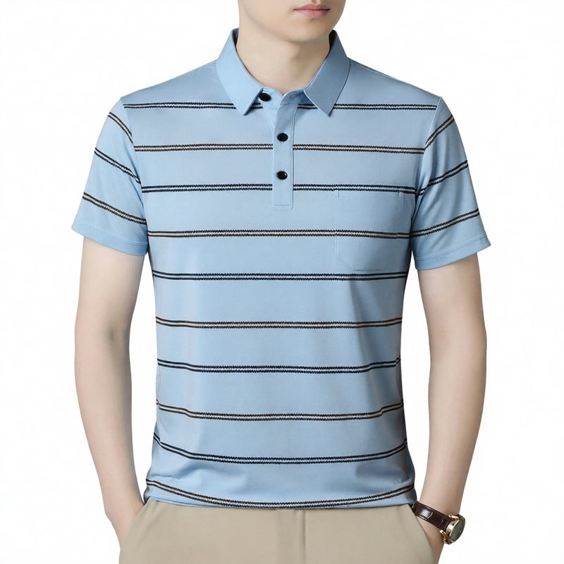 Men's Striped Short Sleeve Polo Shirt Casual T-Shirt with Pocket