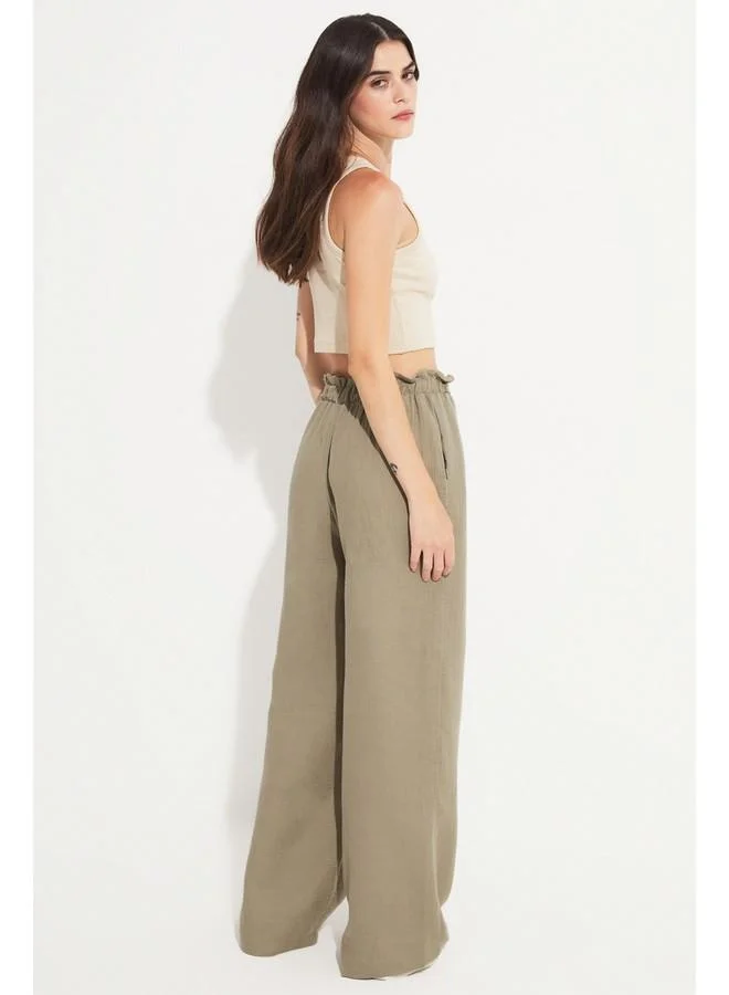 JUNE June Women Elastic Waist 100% Cotton Trouser Khaki