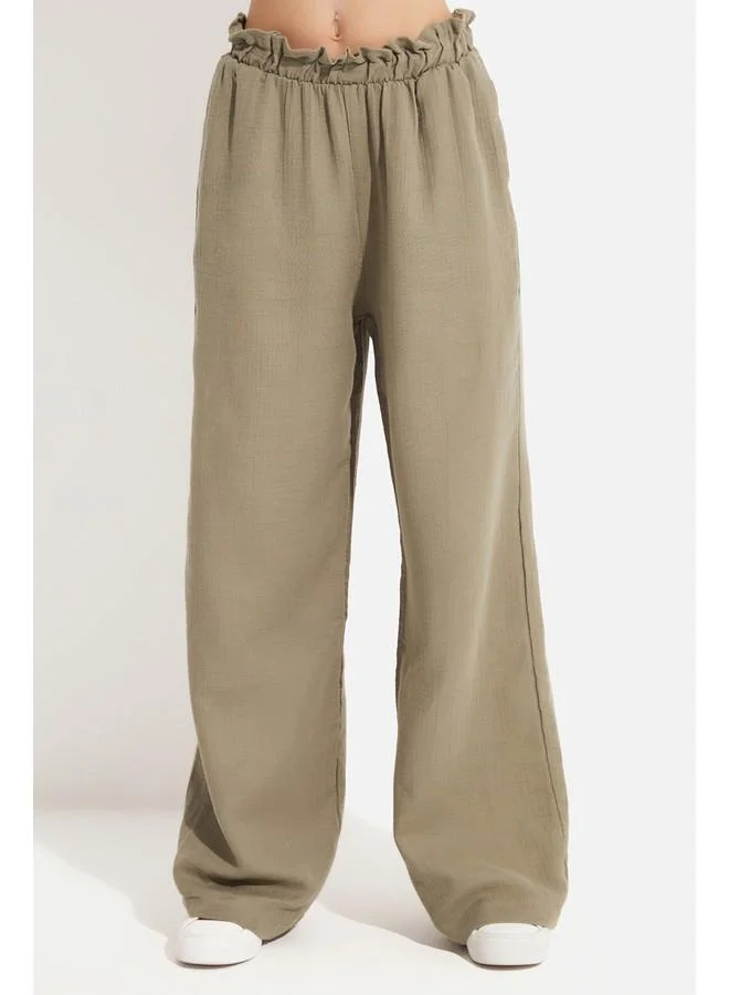 JUNE June Women Elastic Waist 100% Cotton Trouser Khaki