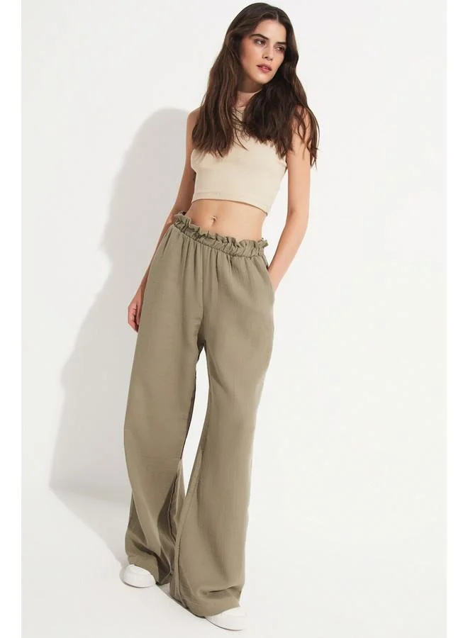 JUNE June Women Elastic Waist 100% Cotton Trouser Khaki