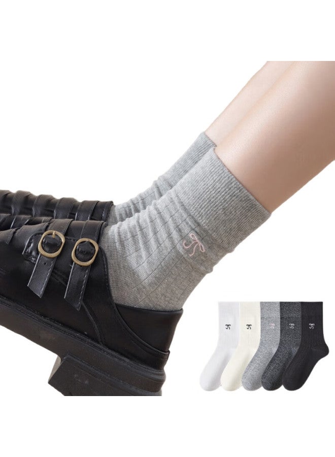 MIIOW 5 Pairs Of Ballet-Style Women'S Socks, Butterfly Bow Embroidery Mid-Calf Socks, Summer Cotton Socks, Slouchy Long Socks - Image 3