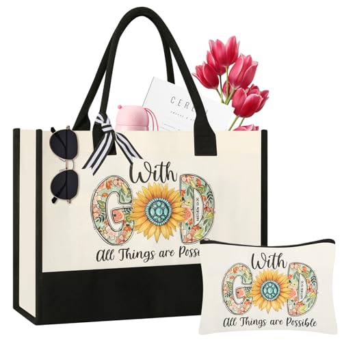 Tecanne Christian Gifts for Women, Her, Mom, Wife, Girlfriend, Sisters, Best Friends - Canvas Tote Bag with Makeup Bag, Inspirational, Religious, Spiritual, Birthday Christmas Gifts for Women - Image 1