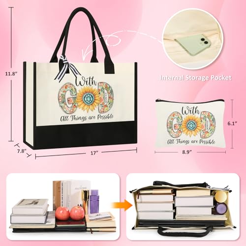 Tecanne Christian Gifts for Women, Her, Mom, Wife, Girlfriend, Sisters, Best Friends - Canvas Tote Bag with Makeup Bag, Inspirational, Religious, Spiritual, Birthday Christmas Gifts for Women - Image 2