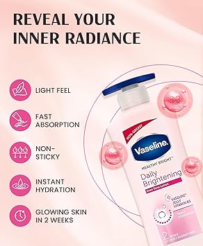 Vaseline فازلين هيلثي برايت مرطب يومي لتفتيح البشرة 600 مل لبشرة متألقة مع فيتامين ب3 لبشرة مشعة بشكل واضح في 2 أسبوع - Image 2
