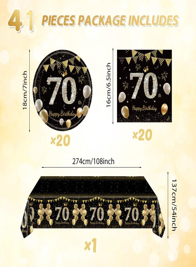 Juhap 41Pcs 70th Birthday Decorations for Men Women, Black Gold 70 Year Old Birthday Party Supplies Include 20 Plates 20 Napkins and 1 Tablecloth, Black Gold 70 Aged Birth Party Tableware - Image 2