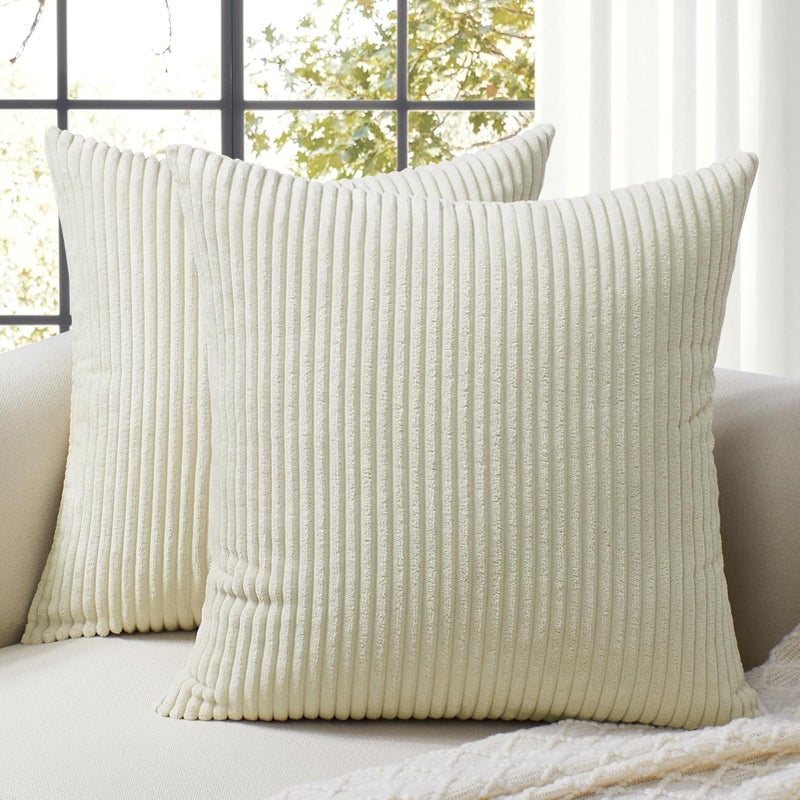 Softalker أغطية وسائد زينة من سوفت توكر، مقاس 18×18 بوصة، طقم من قطعتين من أغطية الوسائد المخملية الناعمة المخططة بنمط بوهيمي، ديكور منزلي عصري بنمط ريفي، هدايا مثالية لتدفئة المنزل، مناسبة للأريكة والسرير وغرفة المعيشة، لون كريمي - Image 1