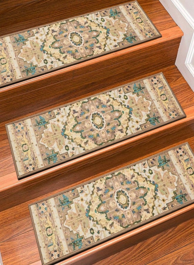 KOOTETA Stair Treads for Wooden Steps Indoor, 15 Pack 8" X 30" Non Slip Carpet Stair Treads with Reusable Adhesive for Kids Elders and Dogs, TPR Backing Stair Rugs Oriental Staircase Step Treads,Bohemia - Image 1