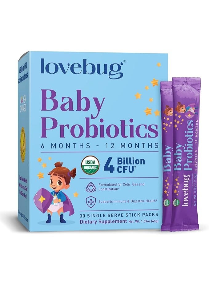 Lovebug Tiny Tummies Probiotics, 30 Packets, Infant and Baby Probiotic Supplements for Babies 6-12 Months, Flavorless Powder - Oral Probiotics Kids - Helps Reduce Crying