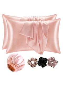 GO WELL Go well Satin Bonnet for Curly Hair with Free Silk Satin Pillow Covers and Scrunchies | Silk Bonnet for Hair|Best Gift Combo of Pack of 2 Satin Pillowcases with 3 Silk Scrunchies HairCap (peach)  - Image 1