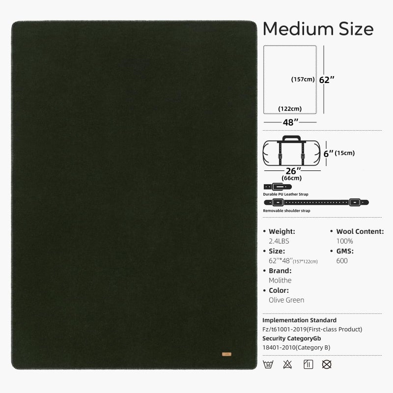 Molithe 100% Wool Blanket, 48" x 62", Warm, Thick, Washable, Military Wool Blanket, Great for Camping, Outdoors, Sporting Events, Survival Kitsï¼ŒOlive Green - Image 3
