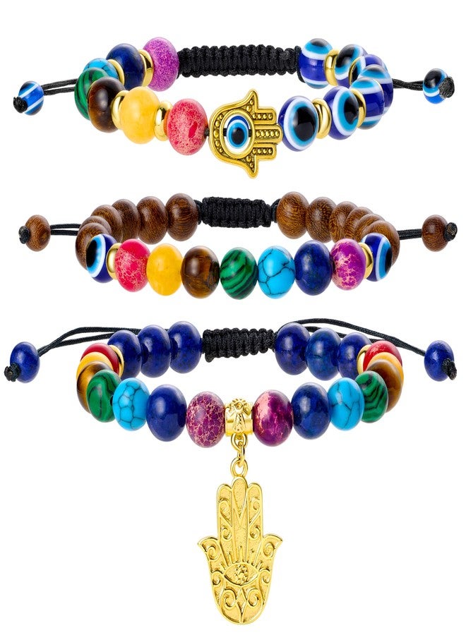 Bivei Evil Eye Bracelet Natural Semi Precious Gemstone Beads Hamsa Charm 7 Chakra Crystal Stone Beaded Adjustable Braided Bracelets for Women Men Yoga Meditation(Hand of Fatima) - Image 1