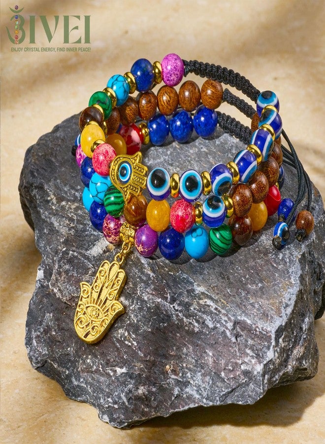 Bivei Evil Eye Bracelet Natural Semi Precious Gemstone Beads Hamsa Charm 7 Chakra Crystal Stone Beaded Adjustable Braided Bracelets for Women Men Yoga Meditation(Hand of Fatima) - Image 5
