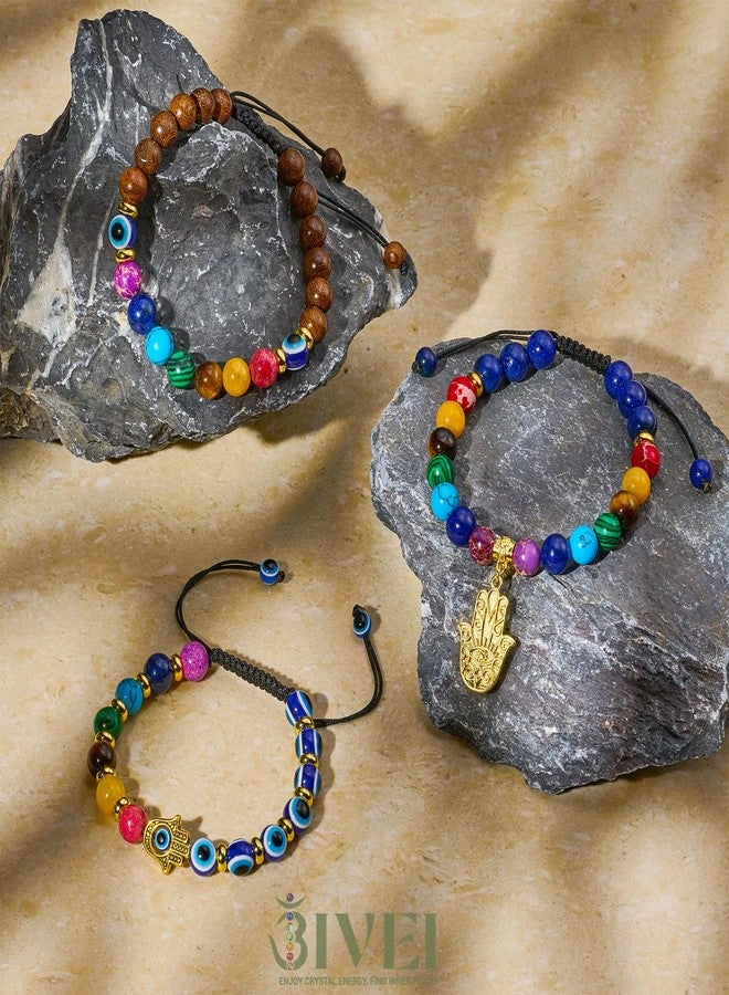 Bivei Evil Eye Bracelet Natural Semi Precious Gemstone Beads Hamsa Charm 7 Chakra Crystal Stone Beaded Adjustable Braided Bracelets for Women Men Yoga Meditation(Hand of Fatima) - Image 4